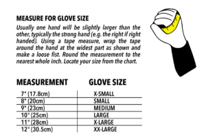 A glove size chart with hand measurements and corresponding sizes.