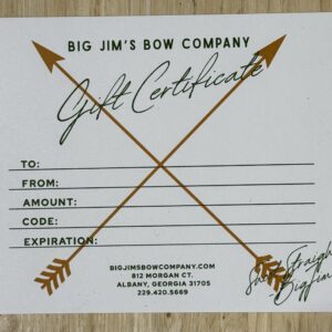 Gift certificate with crossed arrows design from Big Jim's Bow Company.