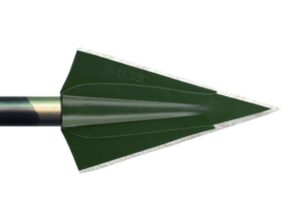 A green broadhead arrow tip with sharp blades.