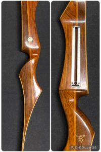 Close-up of a polished wooden archery bow handle showing front and back.