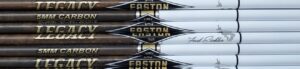 Close-up of several Easton baseball bats stacked together.