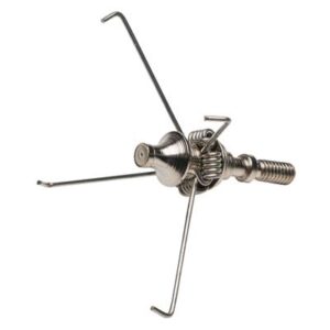 Compact camping stove burner with foldable legs and control valve.
