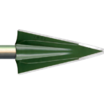 A green broadhead arrow tip with three blades and a metallic shaft.