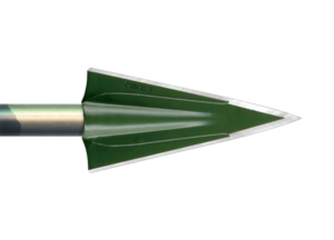 A green broadhead arrow tip with three blades and a metallic shaft.