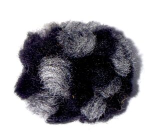 A fluffy black and gray scrunchie with a soft texture.