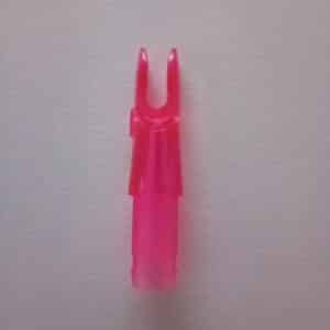A pink plastic arrow nock for attaching to an arrow shaft.