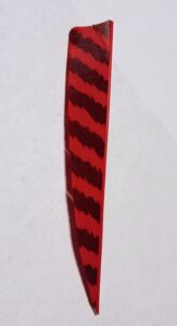 A close-up of a red feather with black stripes.