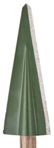 A green triangular ruler with measurement markings.