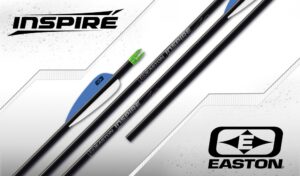 Detailed view of an Easton Spire arrow with green nock and blue fletching.
