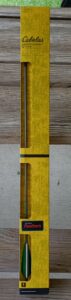 Top view of a yellow and gray wooden table with a layered design.