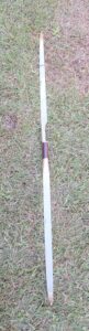 A wooden stick or pole with a dark brown grip lying on grass.