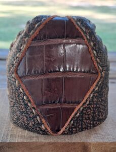 Close-up of a textured, triangular object with a glossy, segmented interior.