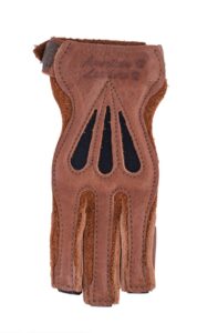 Close-up of a brown leather glove with cut-out designs.