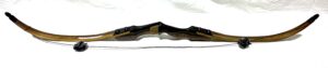 A traditional wooden recurve bow with a leather grip and string.