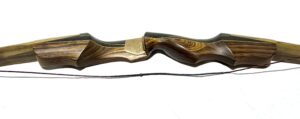 Close-up of a wooden recurve bow with a string attached.