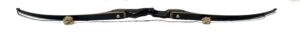 A sleek black recurve bow with a wooden grip and a bowstring.