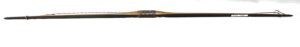 Close-up of a wooden tool handle wrapped with leather or cord.