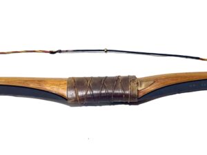 A traditional wooden bow wrapped with leather grip.