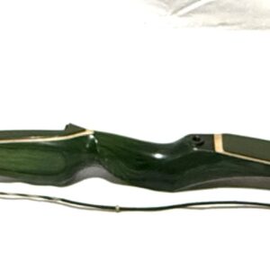 A sleek green recurve bow with a black string and gold accents.
