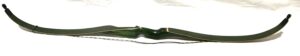 A sleek green recurve bow with a black string and gold accents.