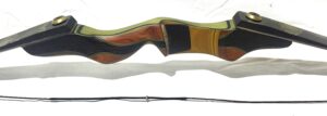 A traditional wooden recurve bow with a leather grip.
