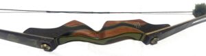 A wooden recurve bow with a curved handle and limbs.
