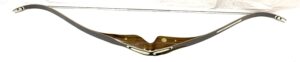 Wooden bow with intricate design and metal components.