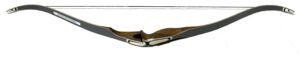 A wooden recurve bow with smooth, polished limbs and black and white accents.
