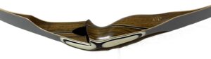 A wooden shoe with a glossy finish and cream-colored accents.
