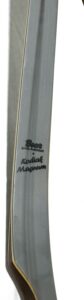 Close-up of a gray kayak paddle blade labeled 'Kokatat Magnum'.