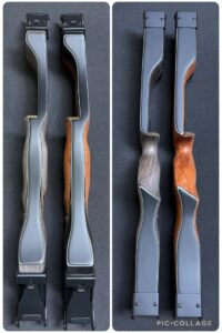Two wooden archery bows with distinct wood finishes side by side.